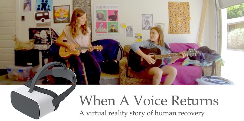 When a Voice Returns. A virtual reality story of human recovery. Photo of two women playing guitars in a garage.