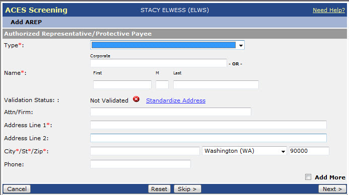 Authorized Rep/Protective Payee screen image