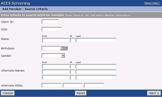 Add Member (Search Criteria) screen image