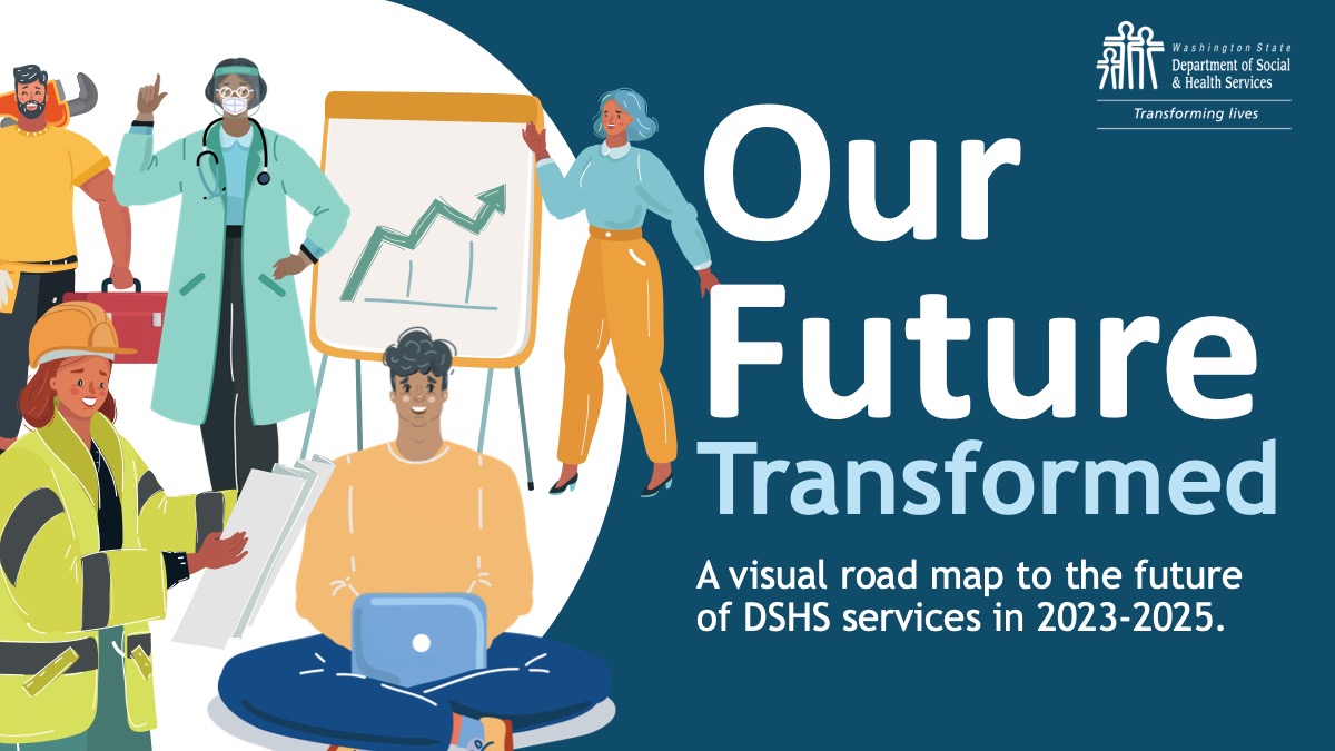 A graphic of diverse DSHS staff. Text reads Our Future Transformed. A visual roadmap to the future of DSHS services in 2023-2025.