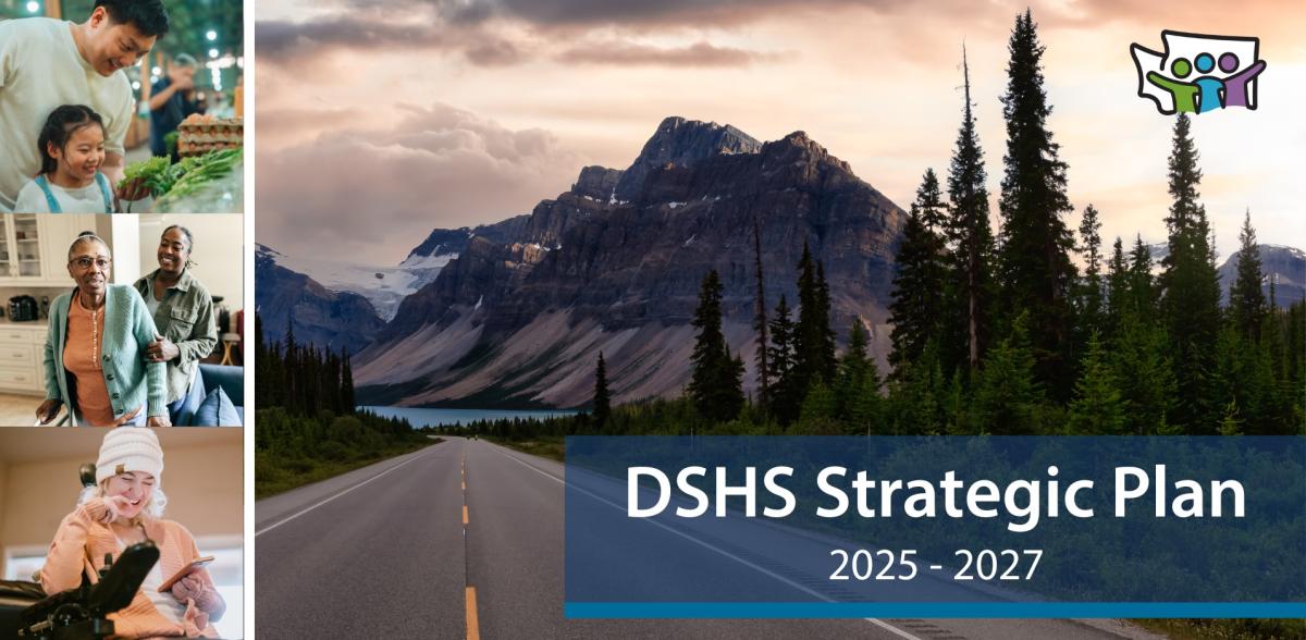 Looking to the future. A roadmap to the future of DSHS Services. Illustration of man with glasses wearing a stethoscope and lab coat. Illustration of man in a walker, woman pointing at a chart, woman in a hard hat reading plans and woman sitting in a wheelchair. Looking to the future. A roadmap to the future of DSHS Services. Illustration of man with glasses wearing a stethoscope and lab coat. Illustration of man in a walker, woman pointing at a chart, woman in a hard hat reading plans and woman sitting in a wheelchair.