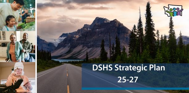 Looking to the future. A roadmap to the future of DSHS Services. Illustration of man with glasses wearing a stethoscope and lab coat. Illustration of man in a walker, woman pointing at a chart, woman in a hard hat reading plans and woman sitting in a wheelchair.