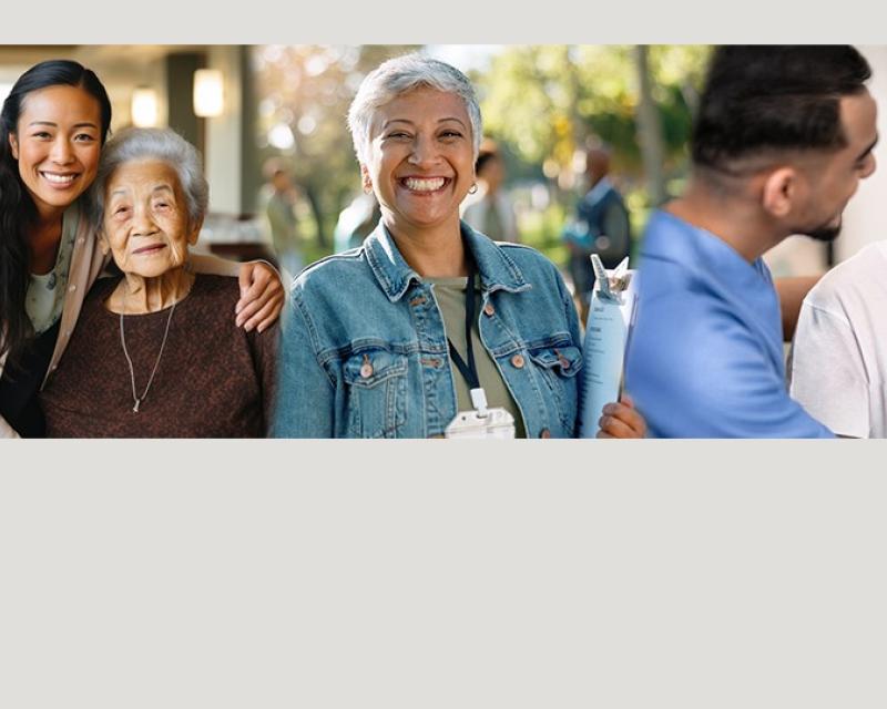 Family caregiver with arm around elderly woman. Smiling caregiver holding a clipboard. Male caregiver shaving the face of an elderly man.